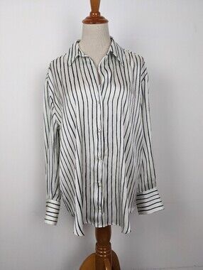 Zara Women's Size Medium Striped Off White Blouse Button Down